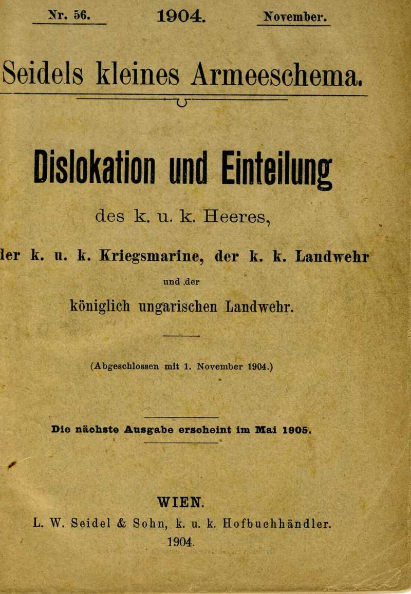 Seidels kleines Armeeschema.
Dislokation und Einteilung des k.u.k. Heeres, der k.u.k. Kriegsmarine, der k.k. Landwehr und der königlich ungarischen Landwehr